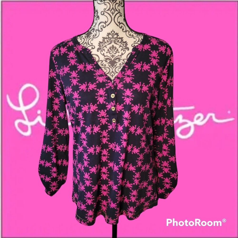Lilly Pulitzer Pink & Navy Frog Print Cotton Roll-Tab Blouse, Size Large